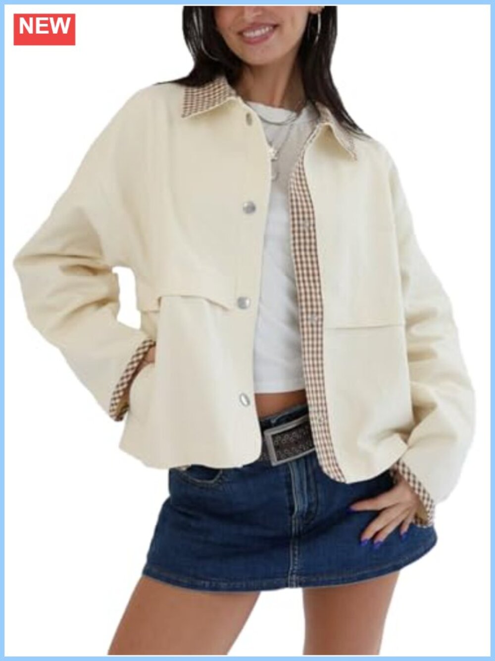 Lightweight Vintage Plaid Gingham Collar Cropped Barn Jacket with Pockets